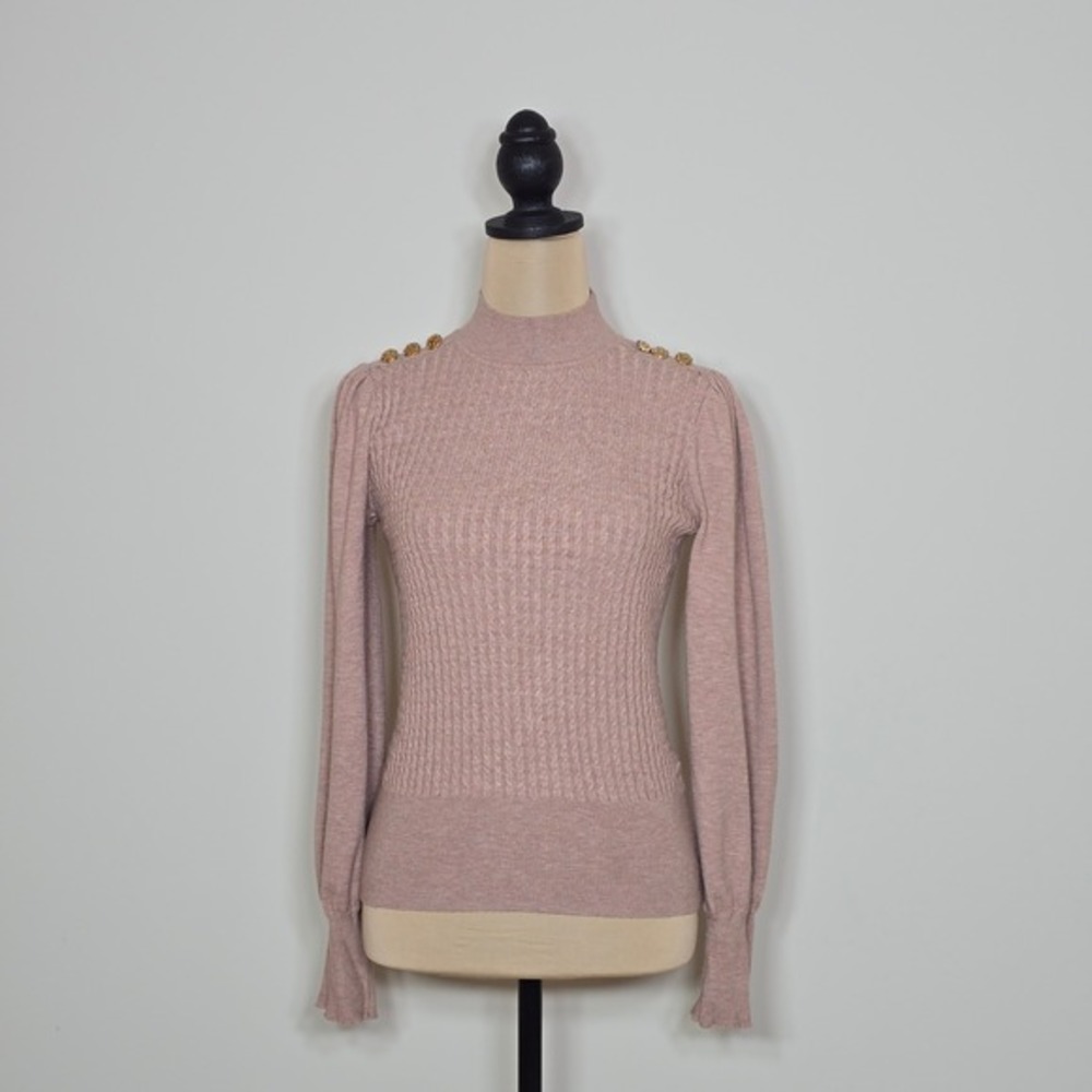 Adrianna Papell Pink Ribbed Mock Neck Puff Sleeve Sweater Gold Button Small‎